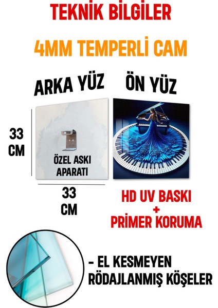 3D Görünümlü Temperli Cam Tablo – Mavi Elbiseli Piyanist Tasarımı Uv Baskı 33X33 CM-CTK108