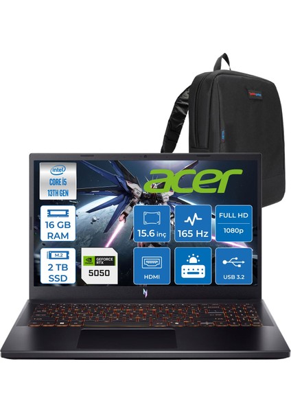 Nitro V 15 ANV15 Intel®core™ I5 13420H 16GB 2tb SSD RTX5050/8GB 75W 15.6 Inç 165Hz Fhd 1920X1080 IPS Freedos Gaming Bilgisayar NHQZ7EY003F04+ZETTAÇANTA
