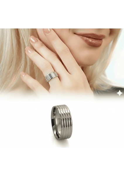 Gümüş Renk Beş Sıra Tasarım 316L Kalite Paslanmaz Çelik Kadın Yüzük Alyans - 17 Ölçü fiyatları