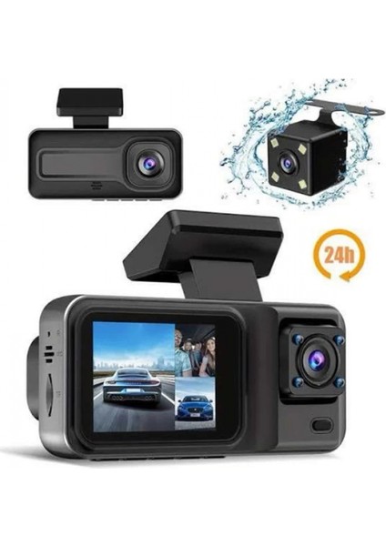 1080P 3 Lensli WİFİ Araç İçi Kameralı Ekran DVR Kaydedici Gece Görüşlü