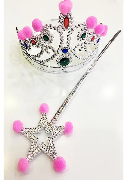 Ieg® Pembe Ponponlu Gümüş Renk Prenses Tacı ve Gümüş Renk Prenses Asası (4887)