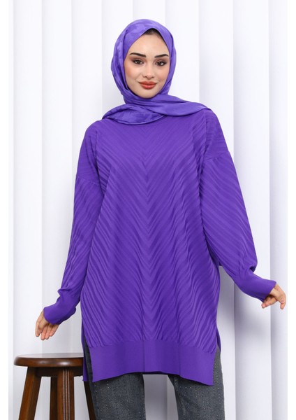 Mor Bisiklet Yaka Soğuk İplik Triko Tunik