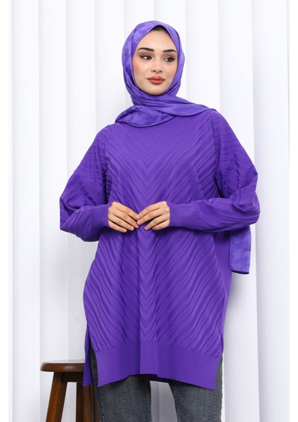 Mor Bisiklet Yaka Soğuk İplik Triko Tunik modelleri