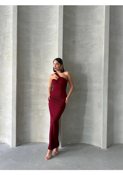Krinkıl Tek Omuz Uzun Elbise Bordo S25455
