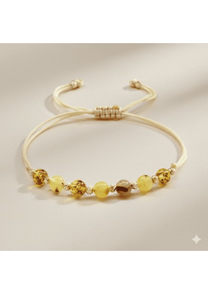 Makrome Örgülü Krem Ipli Dorika Top Süslemeli Sarı Beyaz Renk Doğal Damla Kehribar Kadın Bileklik indirimleri