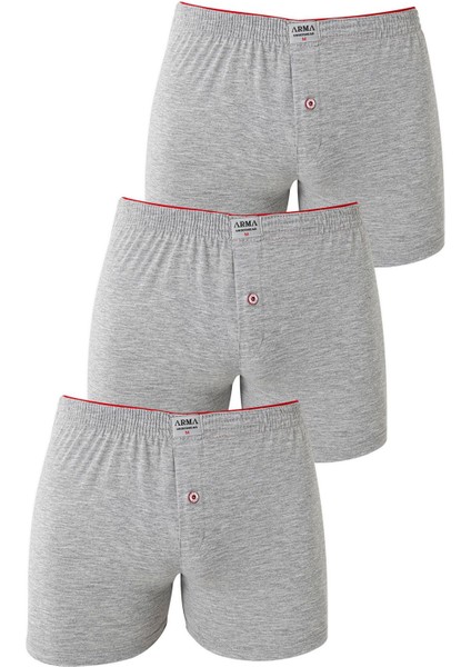 Erkek Gri Düğmeli Boxer 3'lü Paket %100 Pamuklu Penye