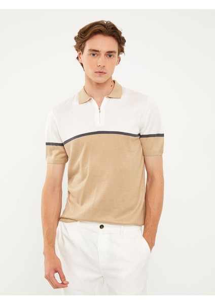 Yeni Sezon Polo Yaka Kısa Kollu Renk Bloklu Erkek Triko Kazak