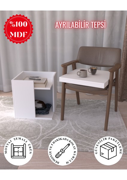 Pati Dostu Ikili Konfor Sehpa Beyaz | Üstü Tepsi | %100 Mdf