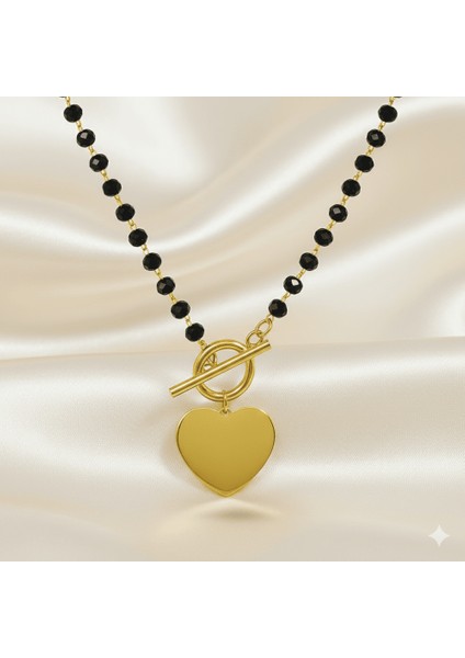 Kadın Çelik Kolye - Isme Özel Yazılı - Kalp Tasarım - Siyah Zirkon Taşlı - Altın Renk fırsatları