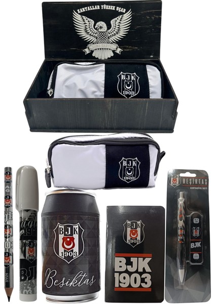 Beşiktaş Orjinal Lisanslı Siyah Kutu Kalemtraş Ahşap Kutulu 6'lı Kırtasiye Seti