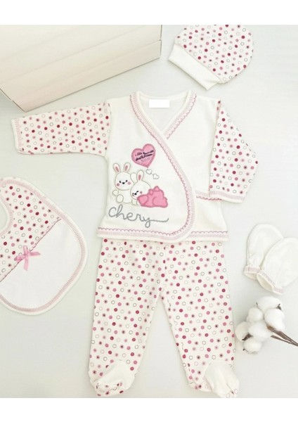 Sevimli Tavşan Figürlü Puantiyeli Bebek 5'li Hastane Çıkışı Seti Pamuk Yenidoğan Zıbın Takımı