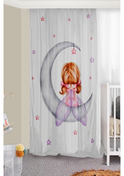 Sevimli Ayda Oturan Kız Çift Kanatlı Çocuk Odası Fon Perde