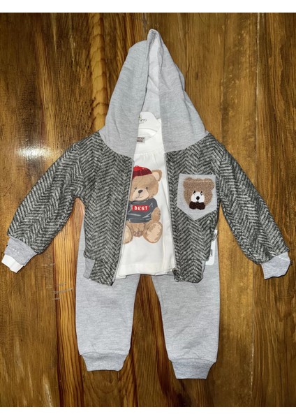 Nrtmsa 6-24 Aylık Ceketli Kapşonlu Üçlü Takım Gribeyaz (Beden: 0-6)