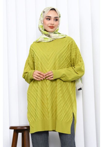 Yağ Yeşili Bisiklet Yaka Soğuk İplik Triko Tunik