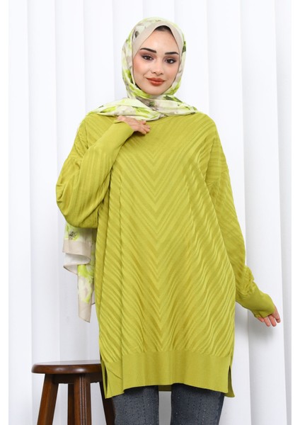 Yağ Yeşili Bisiklet Yaka Soğuk İplik Triko Tunik modelleri