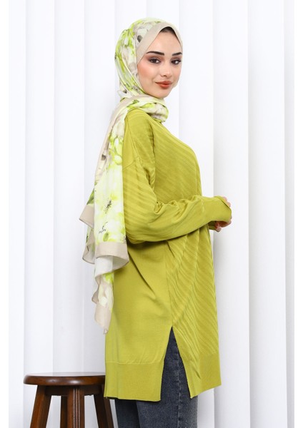 Yağ Yeşili Bisiklet Yaka Soğuk İplik Triko Tunik fırsatları