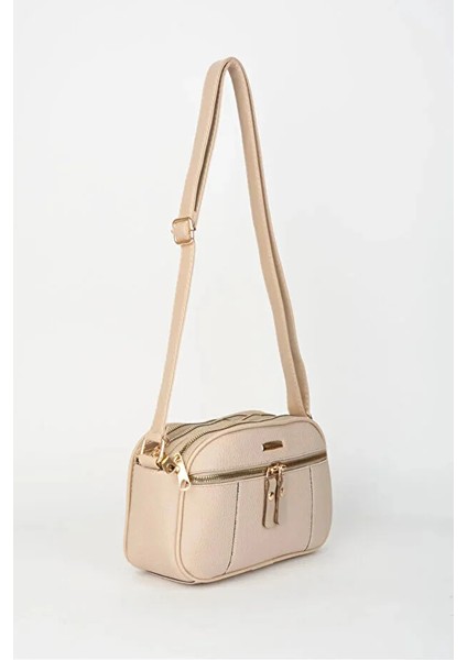 Kadın Sincap Krem 4 Bölmeli Suni Deri Orta Boy Fermuar Kapama El Kol ve Omuz Çantası