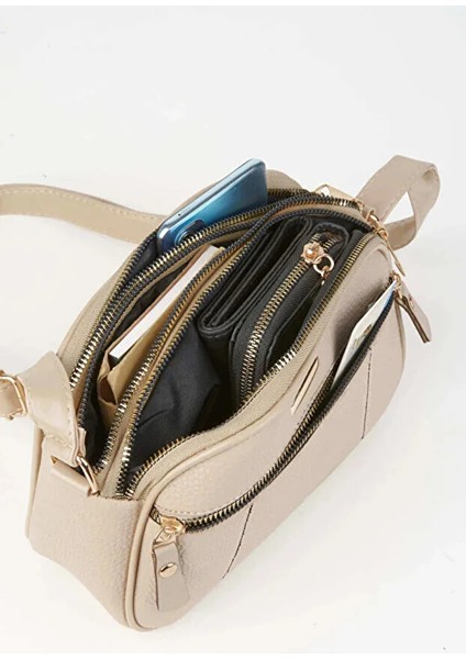 Kadın Sincap Krem 4 Bölmeli Suni Deri Orta Boy Fermuar Kapama El Kol ve Omuz Çantası fırsatları