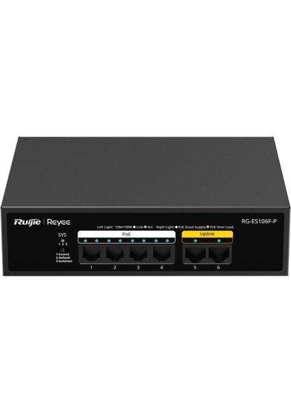 Ruıjıe Reyee RG-ES106F-P 6 Port 10/100 4 Port Poe 2 Port Uplınk 54W Yonetılemez Desktop Swıtch