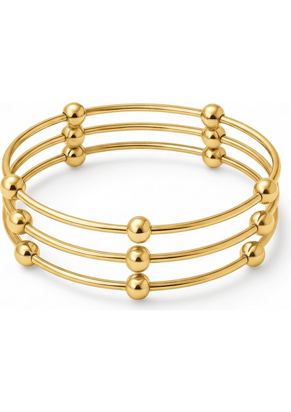 Kadın Çelik Bileklik - Beş Top Süslemeli Tasarım - 3 Lü Model - Altın Renk