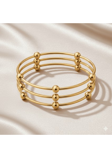 Kadın Çelik Bileklik - Beş Top Süslemeli Tasarım - 3 Lü Model - Altın Renk fırsatları