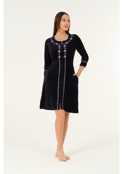 Lacivert Kısa Kollu Nakış Detaylı Kadife Pamuklu Elbise