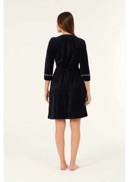 Lacivert Kısa Kollu Nakış Detaylı Kadife Pamuklu Elbise fırsatları