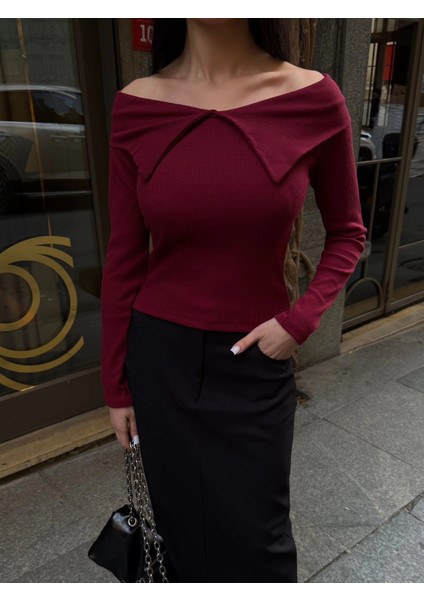Yaka Uzun Kol Bluz Bordo