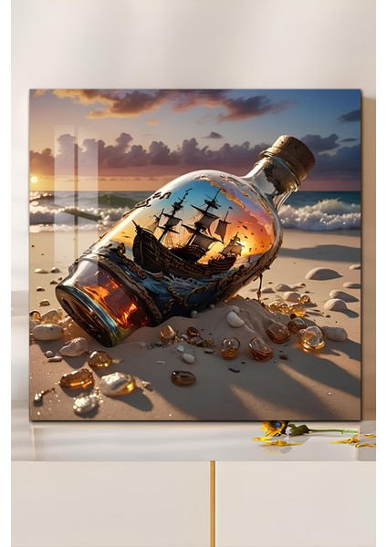 3D Görünümlü Temperli Cam Tablo – Şişe Içindeki Gemi ve Gün Batımı Temalı Uv Baskı 33X33 CM-CTK111