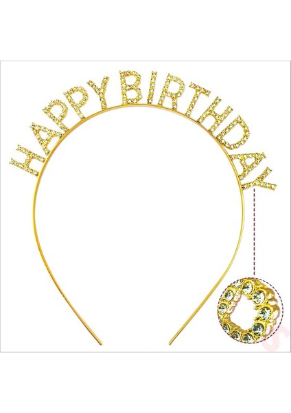 Ieg® Altın Renk Kristal Taşlı Parlak Happy Birthday Taç 16X17 cm (4887)