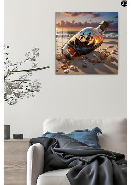 3D Görünümlü Temperli Cam Tablo – Şişe Içindeki Gemi ve Gün Batımı Temalı Uv Baskı 33X33 CM-CTK111 indirimleri