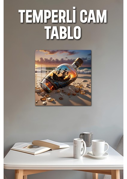 3D Görünümlü Temperli Cam Tablo – Şişe Içindeki Gemi ve Gün Batımı Temalı Uv Baskı 33X33 CM-CTK111