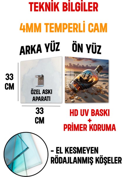 3D Görünümlü Temperli Cam Tablo – Şişe Içindeki Gemi ve Gün Batımı Temalı Uv Baskı 33X33 CM-CTK111