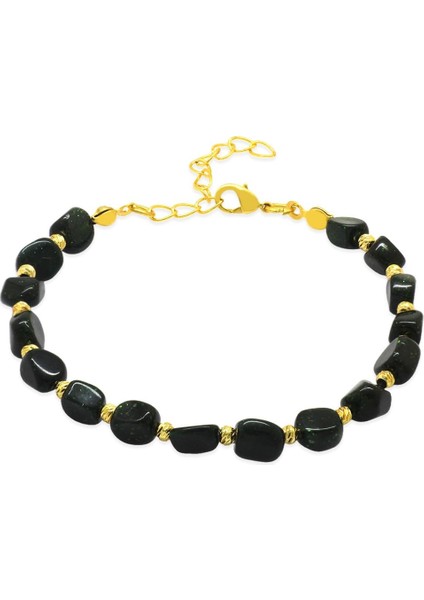 Altın Renk Metal Zincirli Dorika Top Süslemeli Amorf Yeşil Yıldız Taşı Doğaltaş Kadın Bileklik