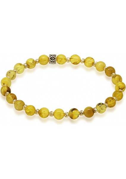 Dorika Top Süslemeli Küre Kesim Sarı Renk Fosilli Doğal Damla Kehribar Kadın Bileklik