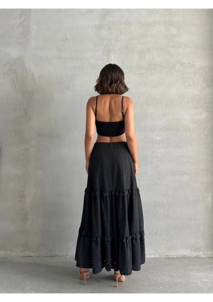 Bosel Fırfırlı Brodeli Astarlı Uzun Etek Siyah S255047 indirimleri