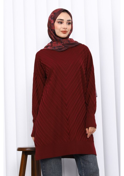Bordo Bisiklet Yaka Soğuk İplik Triko Tunik