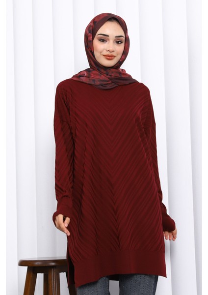 Bordo Bisiklet Yaka Soğuk İplik Triko Tunik modelleri