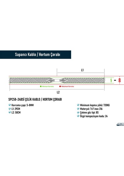 SPC58-24BSİ Çelik Kablo / Hortum Çorabı Inox 316