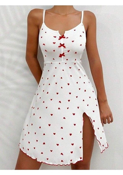 Lvsqvr Kadın Beyaz Kırmızı Kalp Desenli Askılı Elbise 5066 fırsatları
