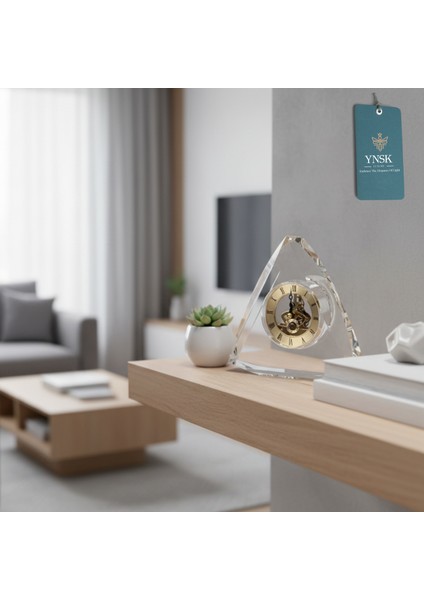 Kristal Üçgen Dekoratif Çarklı Masa Saati – Lüks Ev ve Ofis Hediyelik Obje indirimleri
