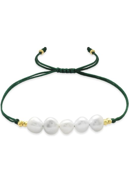 Makrome Örgülü Naturel Kesim Yeşil Ipli Sarı Dorika Top Süslemeli Doğal Inci Kadın Bileklik