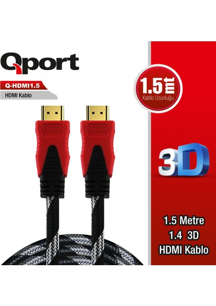 Qport Q-Hdmı1.5 HDMI Kablo 1.5mt Ver1.4 Altın Uçlu 3D