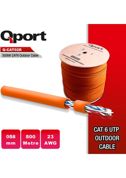 Qport Q-CATO2R 500MT Utp Cat6 Outdoor Network Kablo Turuncu 23AWG 0.58MM