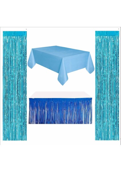 Mavi Masa Örtüsü, Lacivert Masa Eteği, 2 Adet Mavi Arka Fon