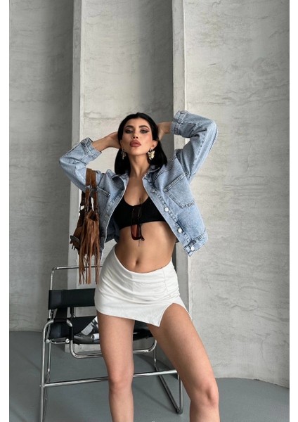 Nrtmsa Çift Cepli Kol Katlamalı Kar Yıkama Crop Kot Ceket Mavi D2000 (Beden: S) fiyatları