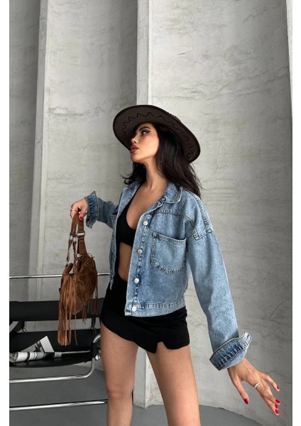 Nrtmsa Çift Cepli Kol Katlamalı Kar Yıkama Crop Kot Ceket Mavi D2000 (Beden: S) modelleri