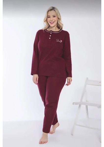 Kadın Kışlık Büyük Beden Yakası Düğmeli Uzun Kollu Interlok Pijama Takımı