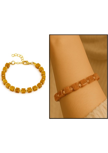 Gold Renk Metal Zincirli Dorika Süslemeli Küp Kesim Hardal Rengi Doğal Damla Kehribar Kadın Bileklik fiyatları