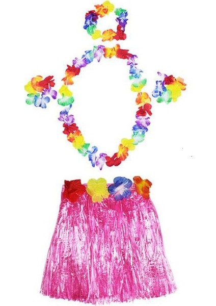 Luau Aloha Hawaii Kolye Etek Taç ve Bileklik Seti Pembe (5358)
